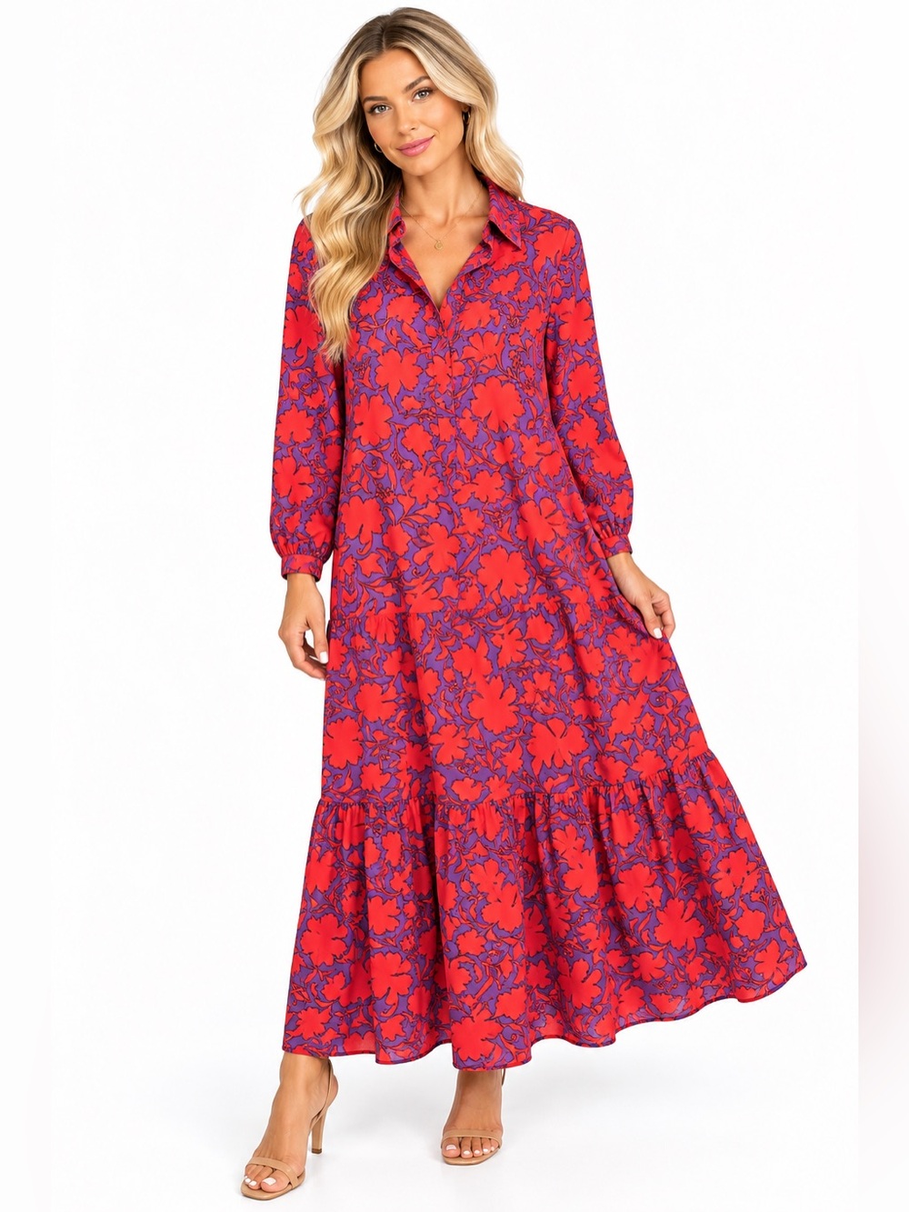 Easel Size Medium Boho Red & Purple Floral Maxi Dress - Women